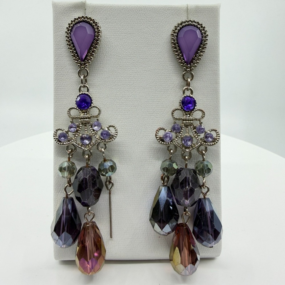Purple Crystal Chandelier Earrings - Glamorous Silver Tone Jewelry